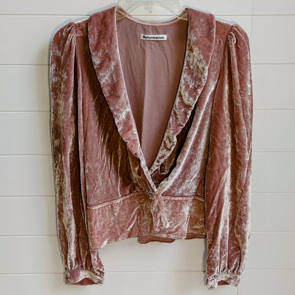Reformation Anastasia Women's Medium Silk Rayon Velvet Wrap Top Soft Pink Retro - Picture 1 of 9
